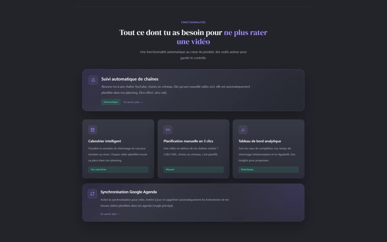 Section fonctionnalités de Watch Flow : suivi automatique, calendrier, planification manuelle, statistiques et Google Agenda